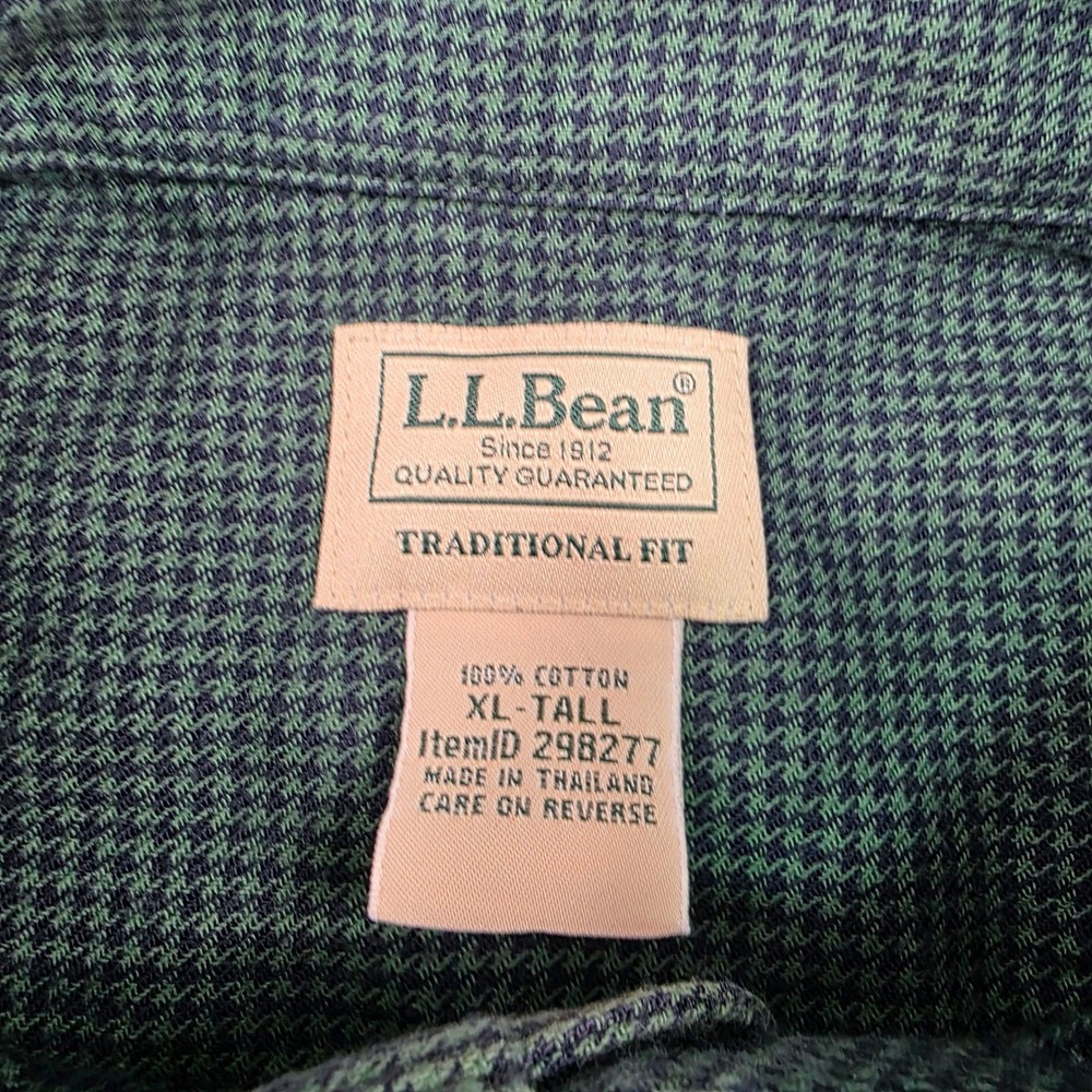 L.L.Bean XL-Tall Green Houndstooth Button Down Shirt Long‎ Sleeve Mens